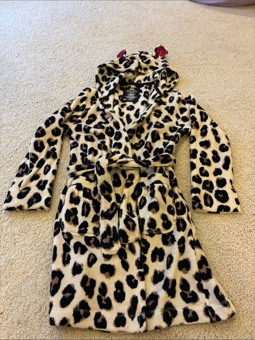 Justice Leopard Print Hooded Robe with Pink Sequin Ears. -12/14